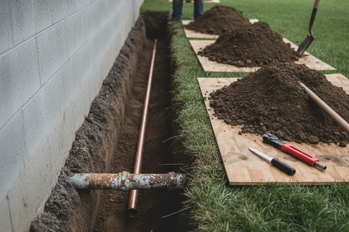 Excavated water line trench during Water Softener Installation in Cataumet